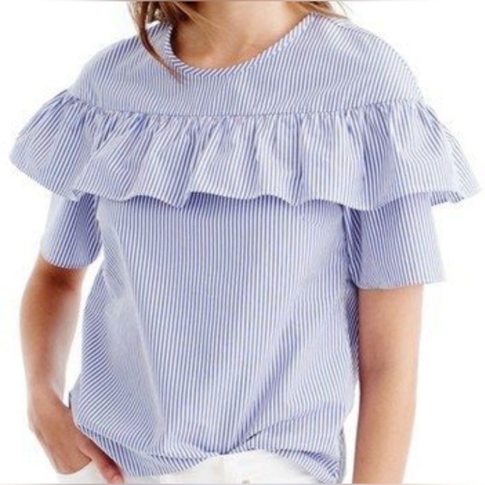 J. Crew Edie Cotton Blue White Pin Stripe Print Pattern Ruffle Blouse Shirt Top
